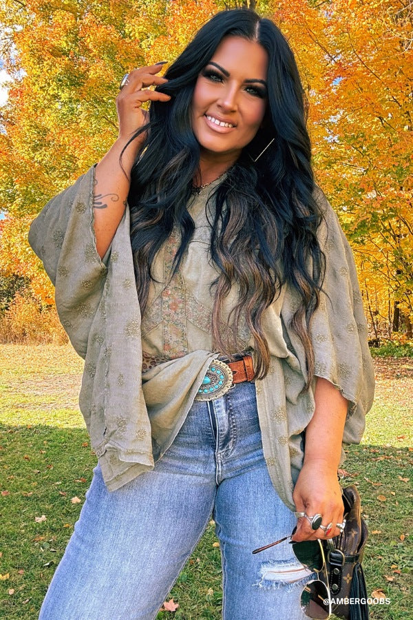 Peace Path Embroidered Top - Olive