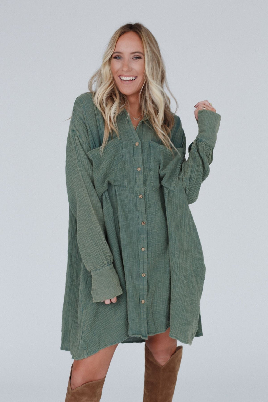 Marci Button Down Tunic Dress - Olive - Pre Order