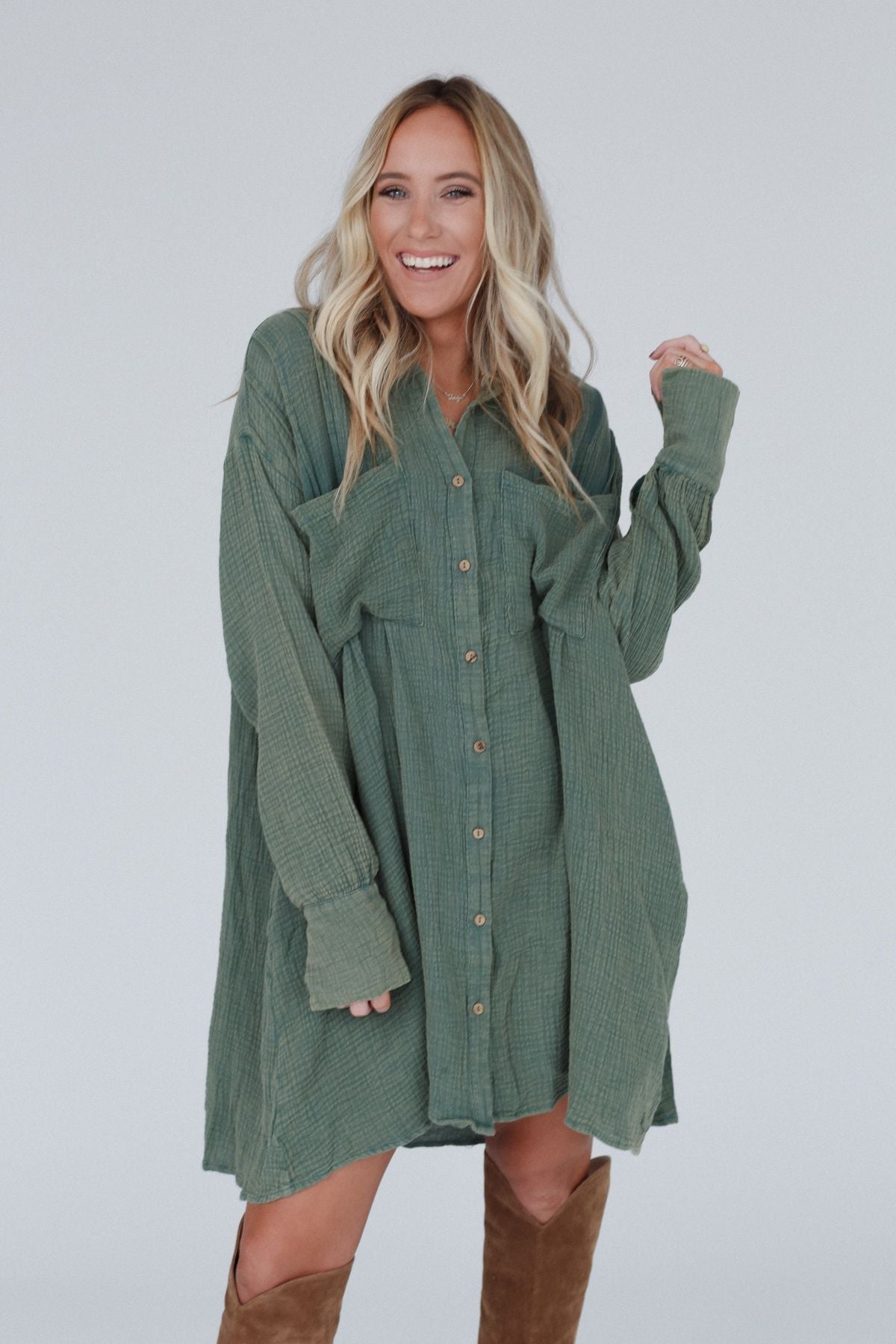 Marci Button Down Tunic Dress - Olive - Pre Order