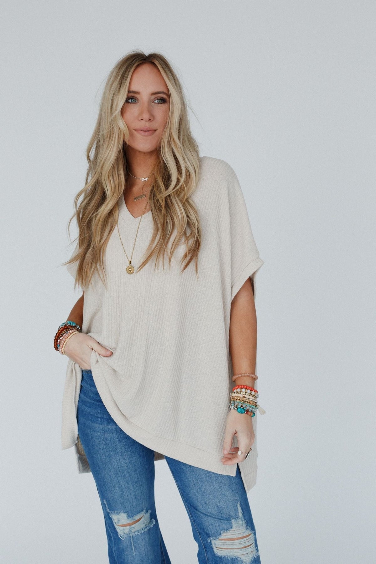 The Nest Rowan Oversized Ribbed Knit Top - Seashell