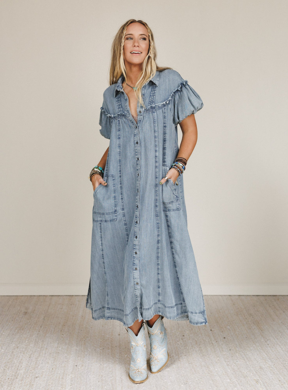 Western Muse Puff Sleeve Maxi Dress - Denim - Pre Order
