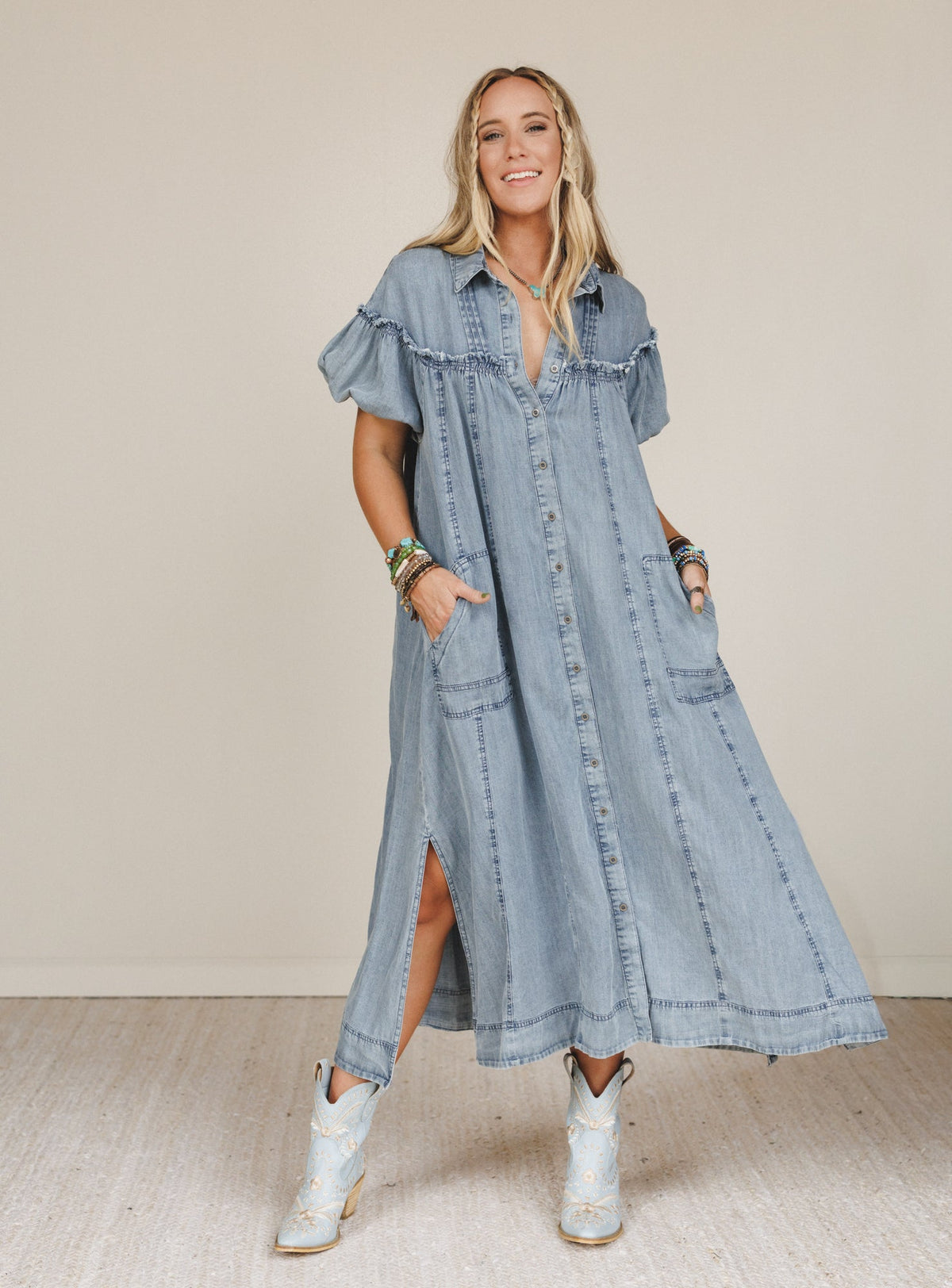 Western Muse Puff Sleeve Maxi Dress - Denim - Pre Order
