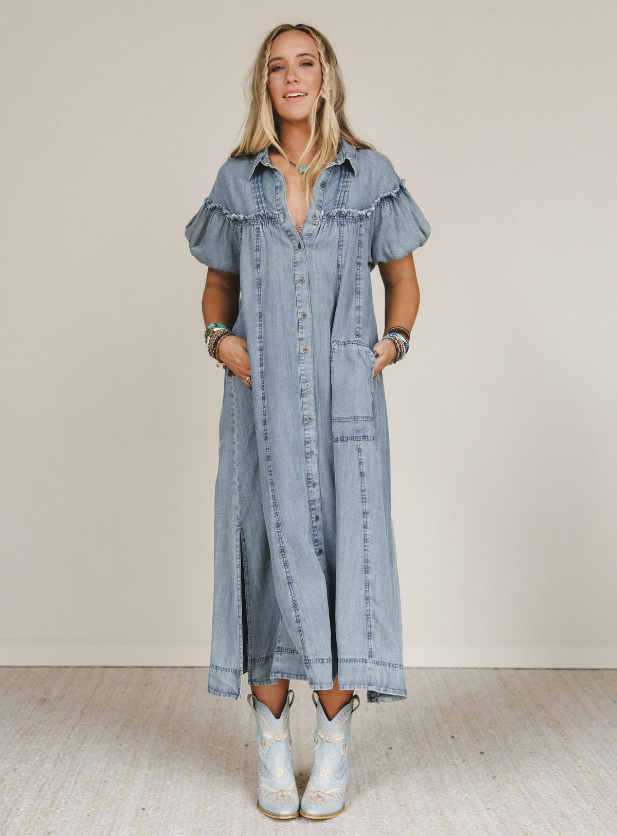 Western Muse Puff Sleeve Maxi Dress - Denim - Pre Order