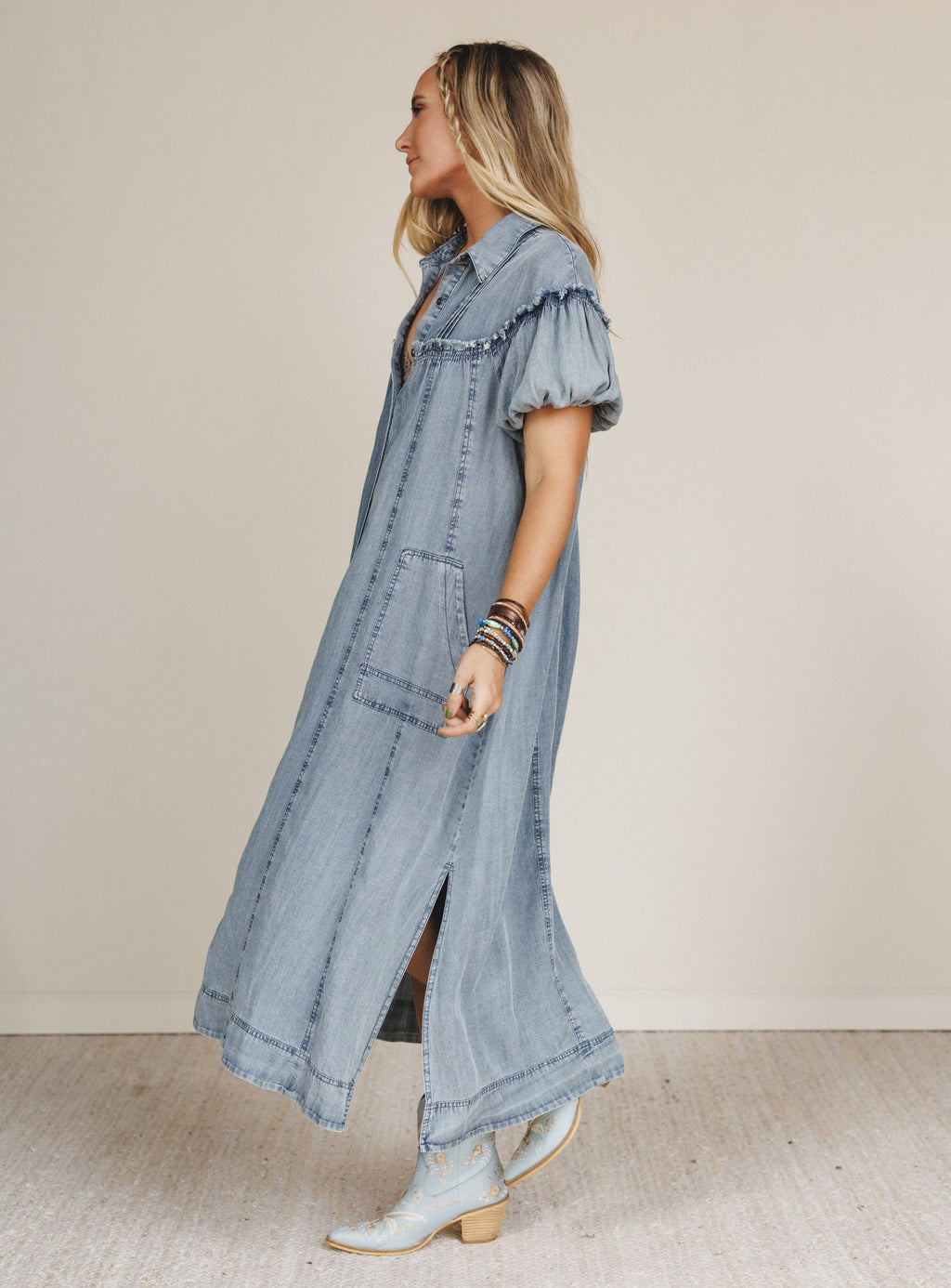 Western Muse Puff Sleeve Maxi Dress - Denim - Pre Order