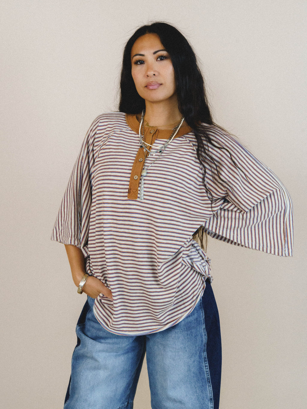 Florence Striped Poncho - Oatmeal