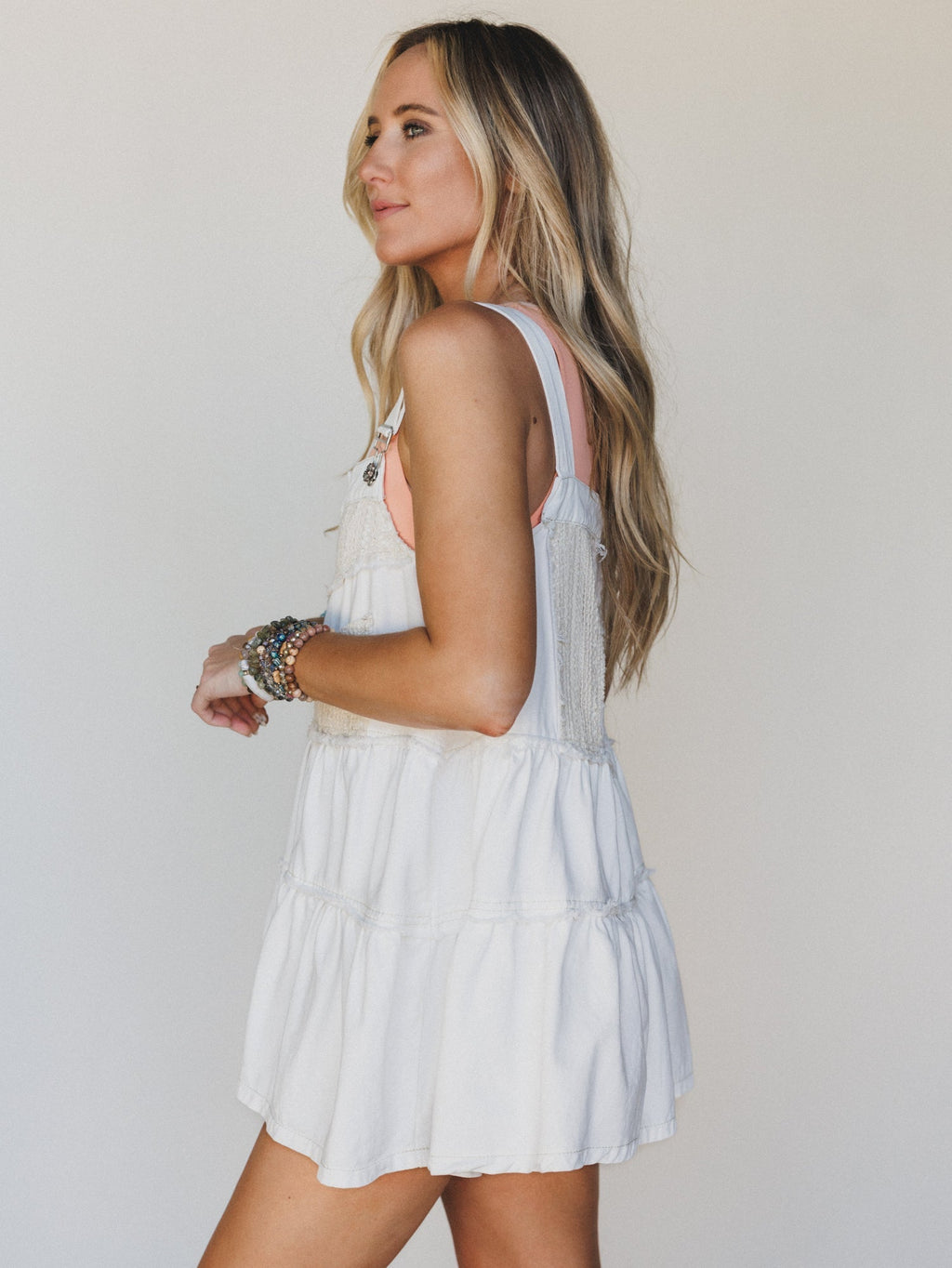 Petal Pockets Crochet Denim Dress - White