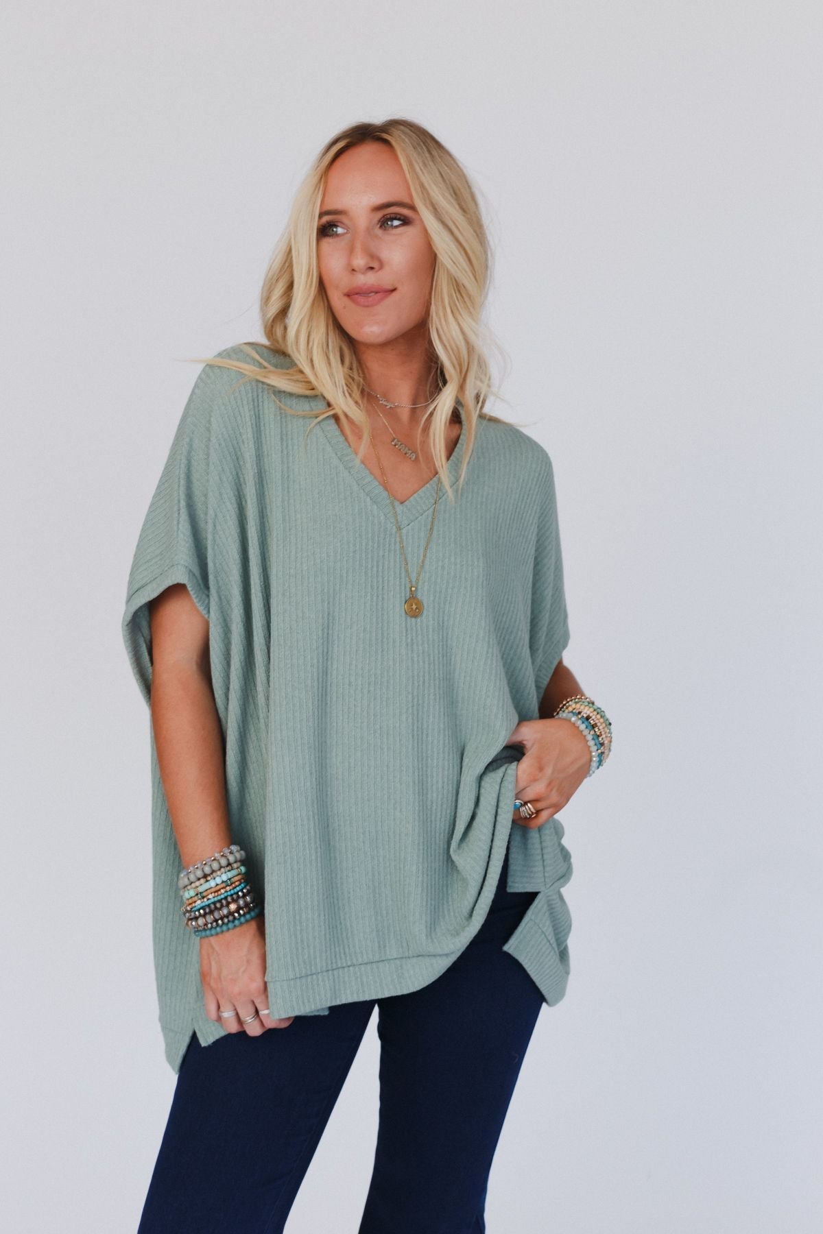 The Nest Rowan Oversized Ribbed Knit Top - Sage