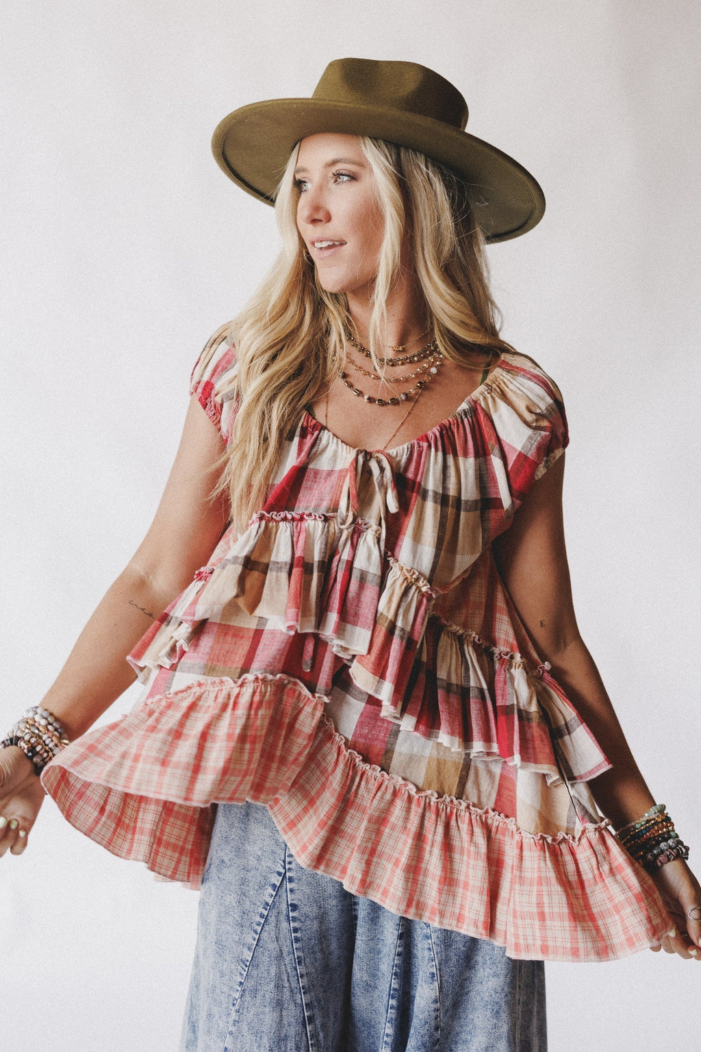 Clover Stitch Plaid Top - Pink