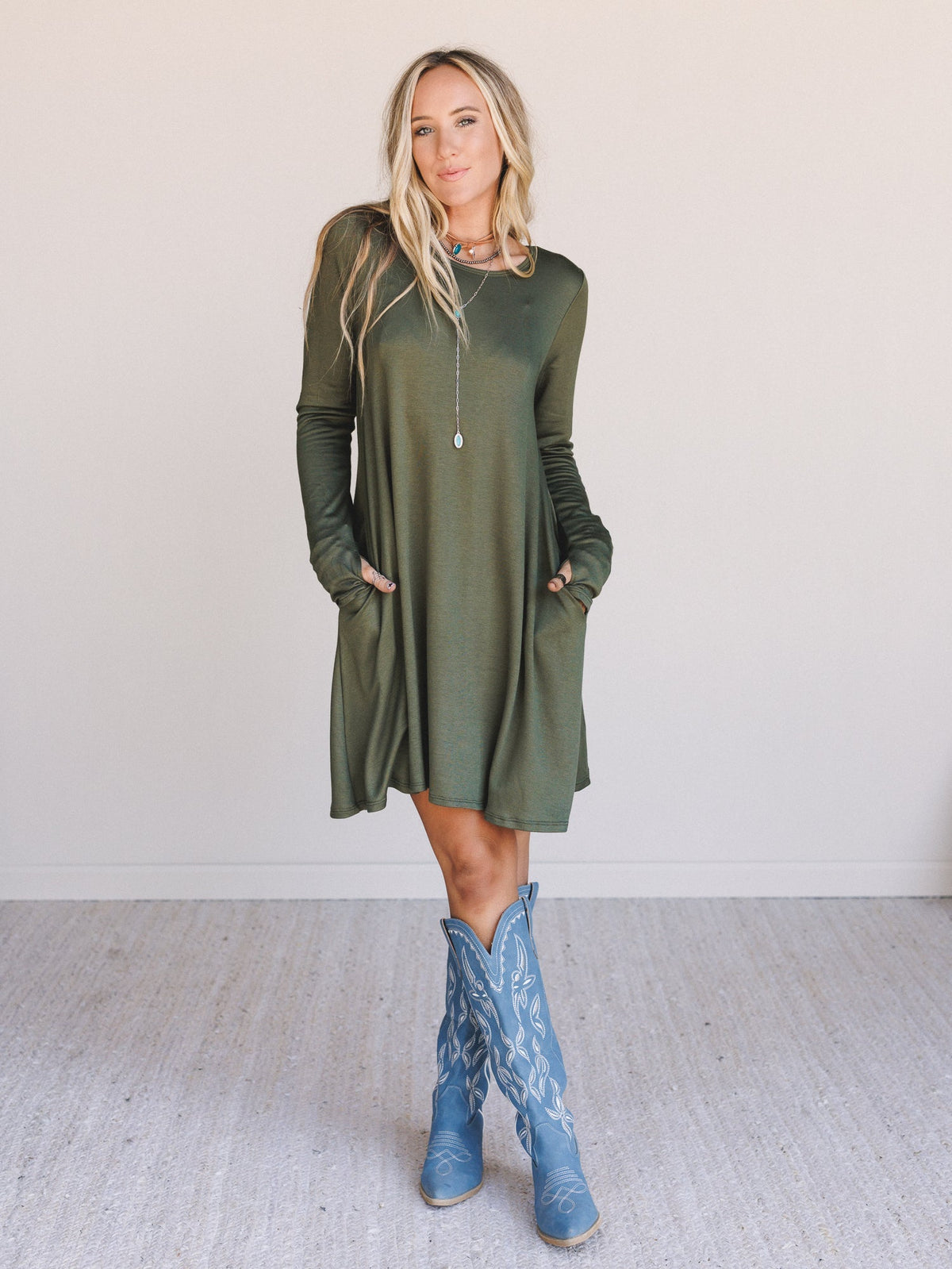The Nest Jake Long Sleeve Crewneck Dress - Olive - Pre Order