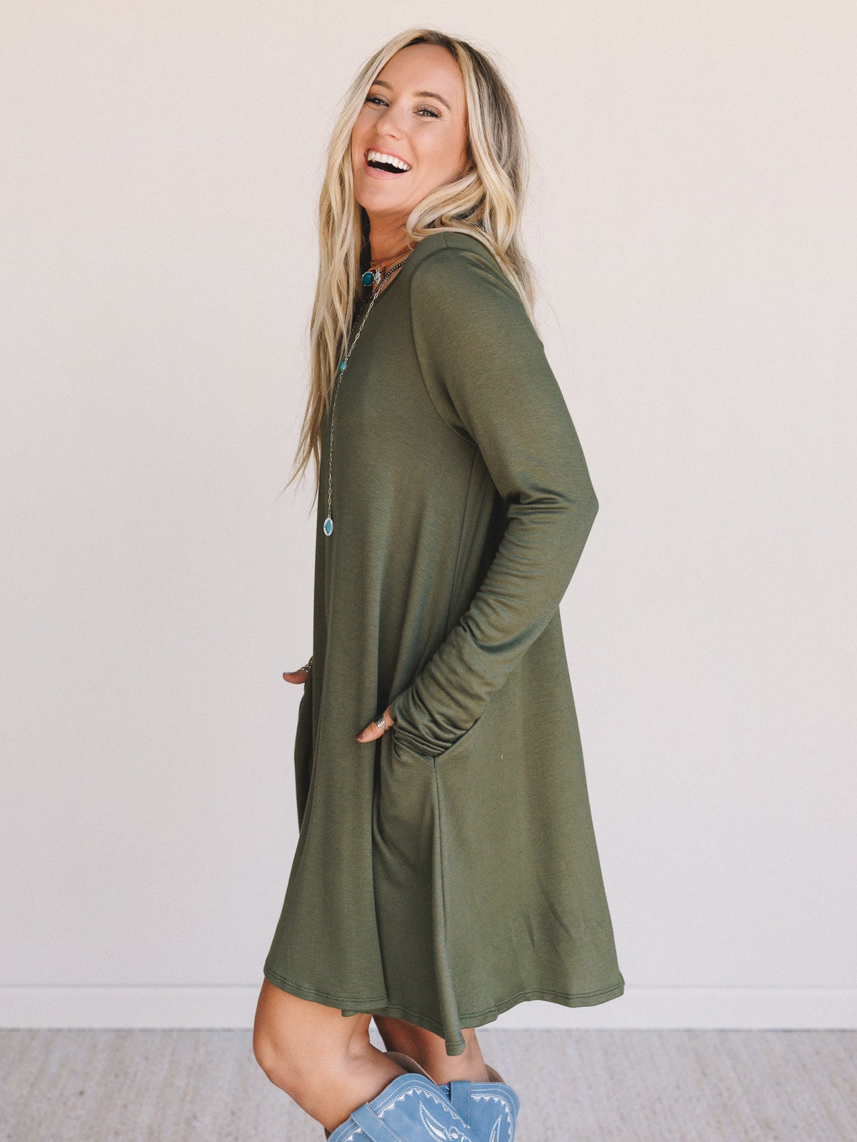 The Nest Jake Long Sleeve Crewneck Dress - Olive - Pre Order