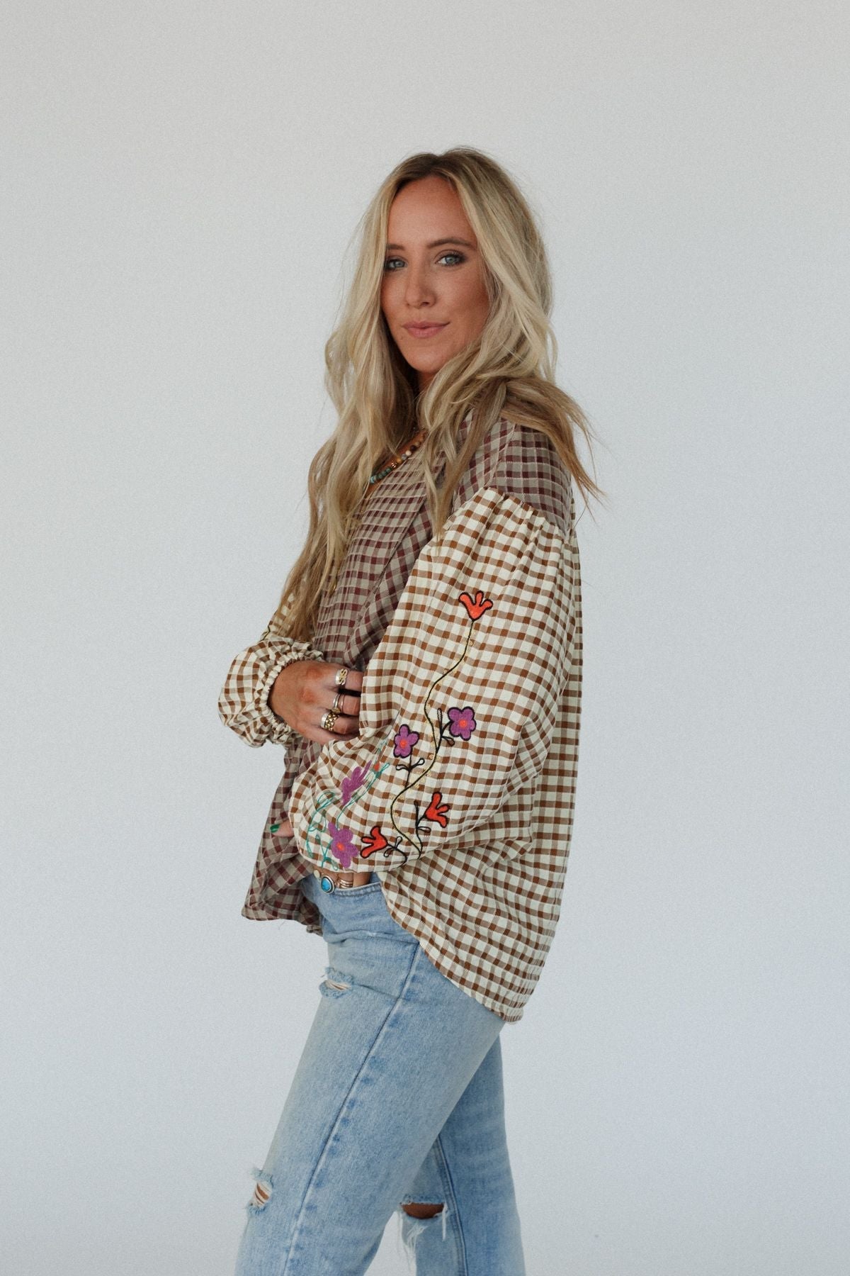 Homestead Plaid Floral Top - Mushroom