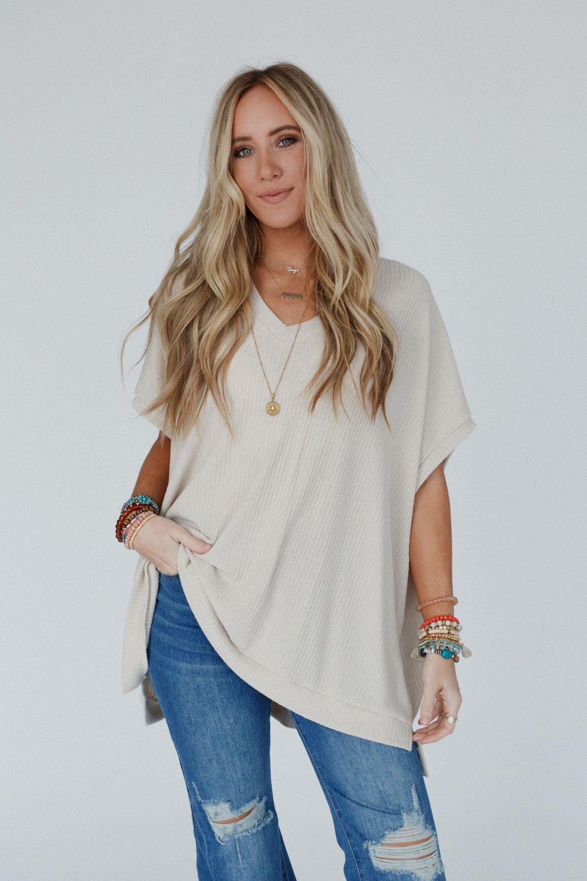 The Nest Rowan Oversized Ribbed Knit Top - Seashell