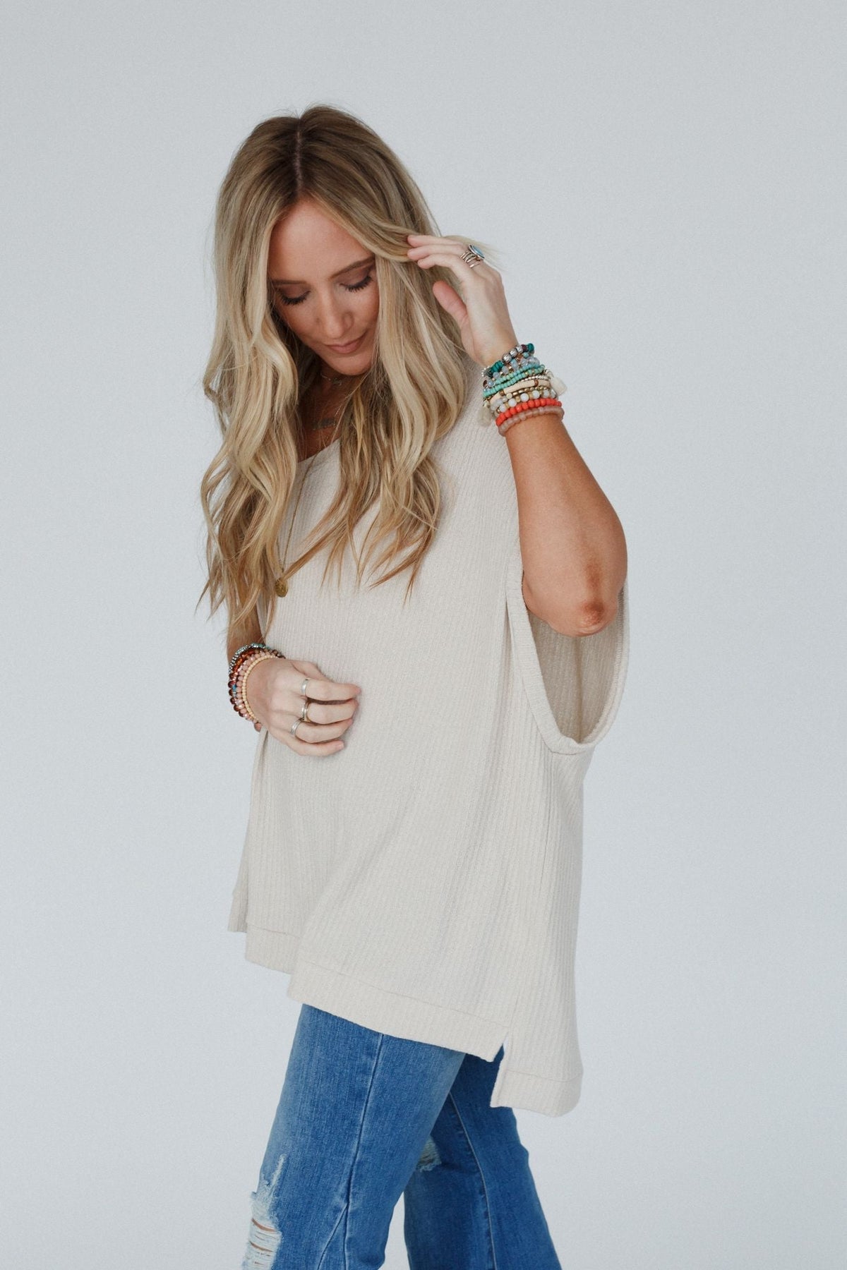 The Nest Rowan Oversized Ribbed Knit Top - Seashell