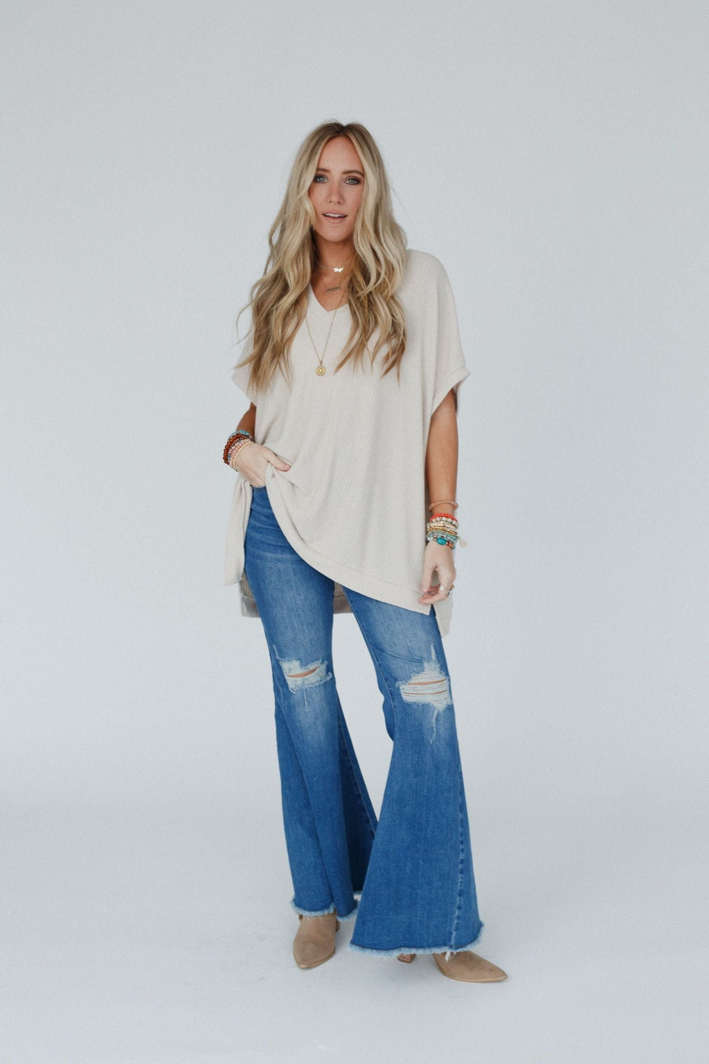 The Nest Rowan Oversized Ribbed Knit Top - Seashell
