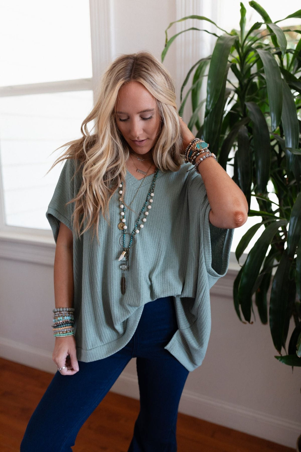 The Nest Rowan Oversized Ribbed Knit Top - Sage