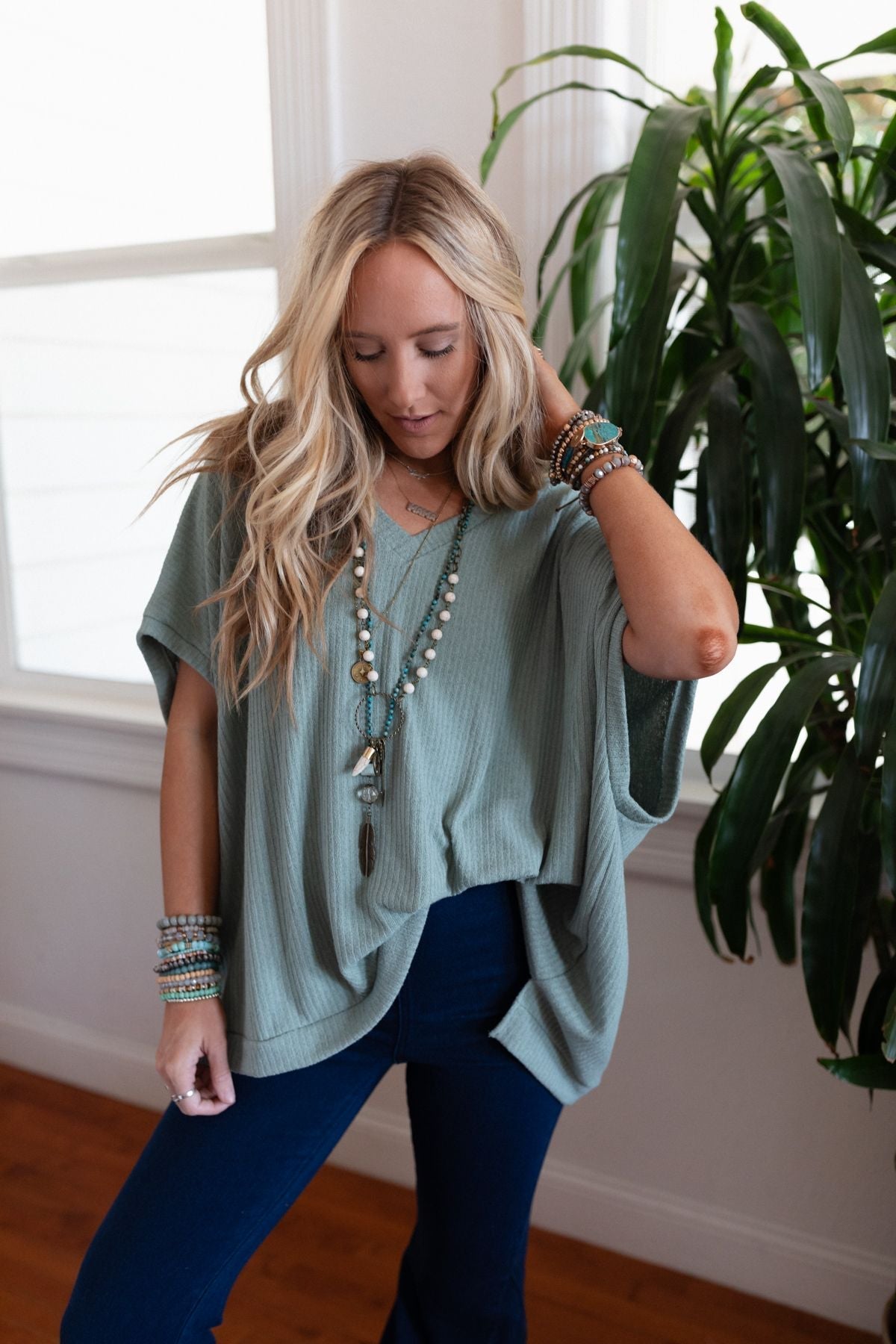 The Nest Rowan Oversized Ribbed Knit Top - Sage