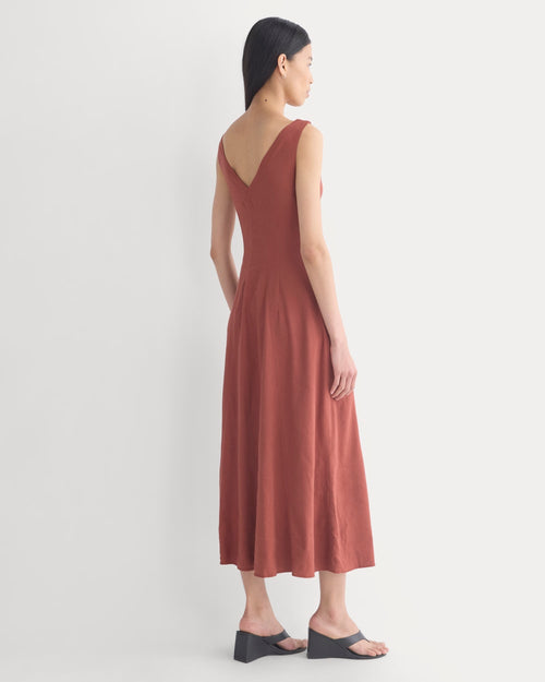 Deep V Seamed Dress in Stretch Linen | Henna Red