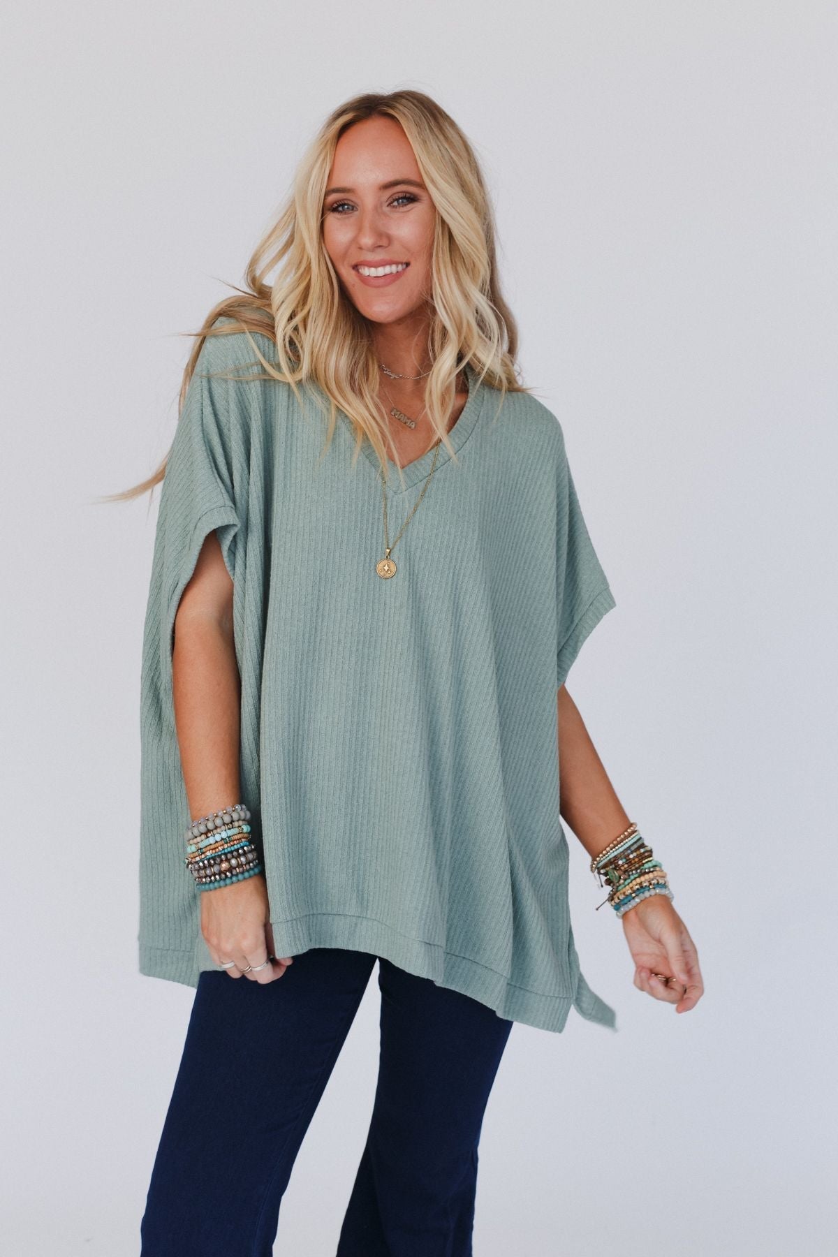 The Nest Rowan Oversized Ribbed Knit Top - Sage