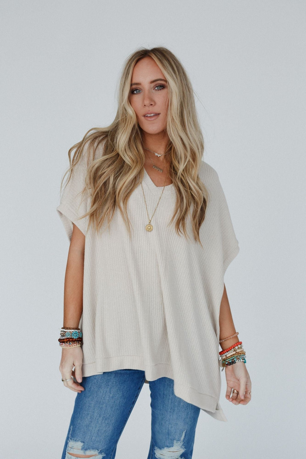 The Nest Rowan Oversized Ribbed Knit Top - Seashell