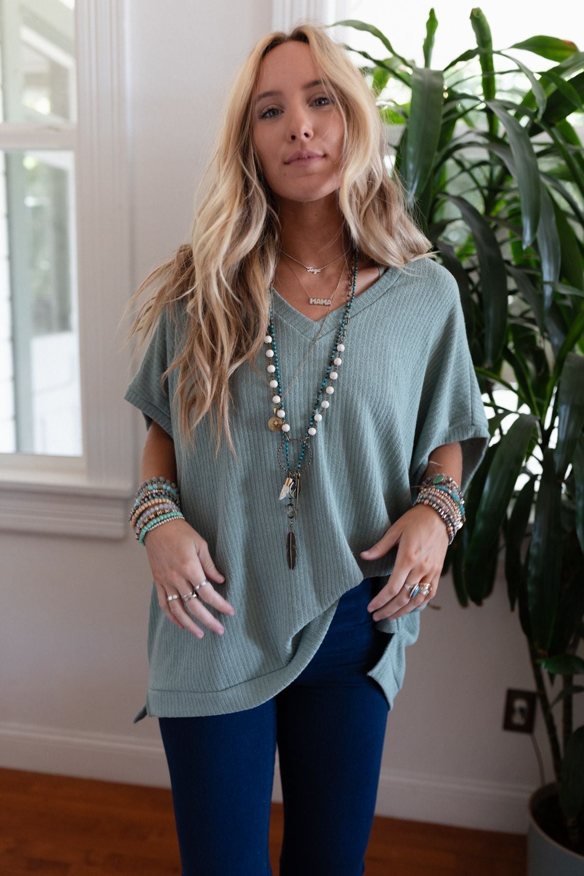 The Nest Rowan Oversized Ribbed Knit Top - Sage