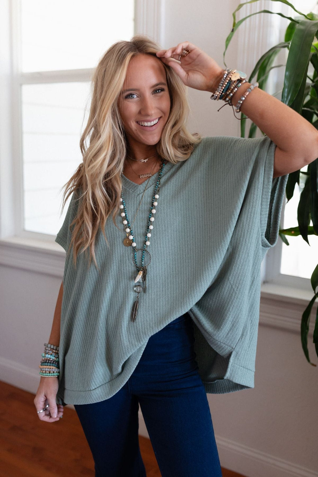 The Nest Rowan Oversized Ribbed Knit Top - Sage
