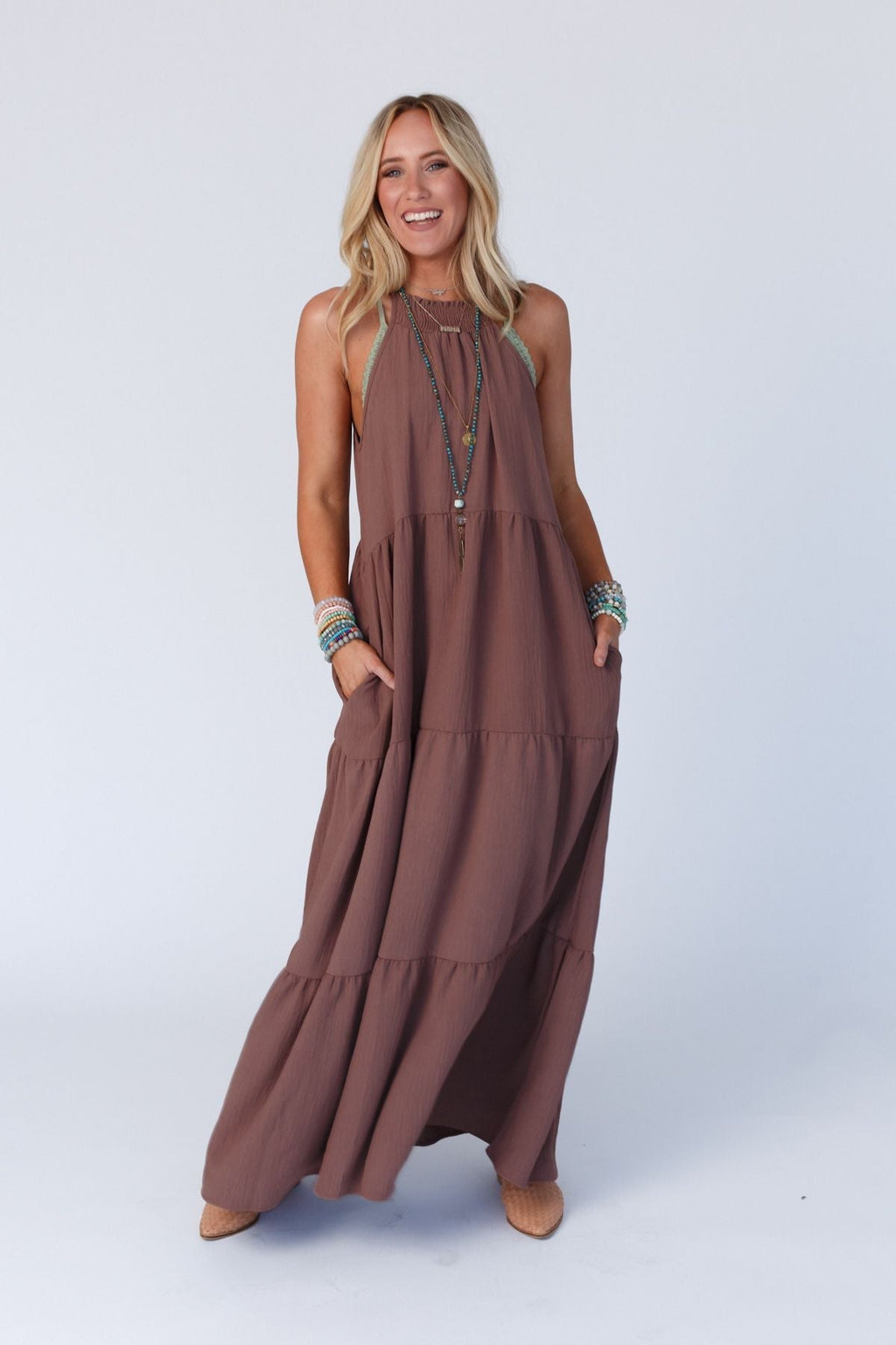 The Nest Scarlett Baby Waffle Tiered Maxi Dress - Mocha - Pre Order
