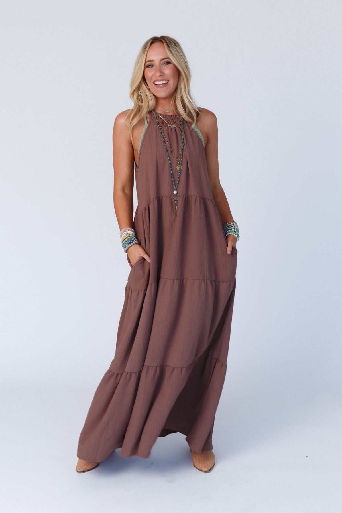 The Nest Scarlett Baby Waffle Tiered Maxi Dress - Mocha - Pre Order