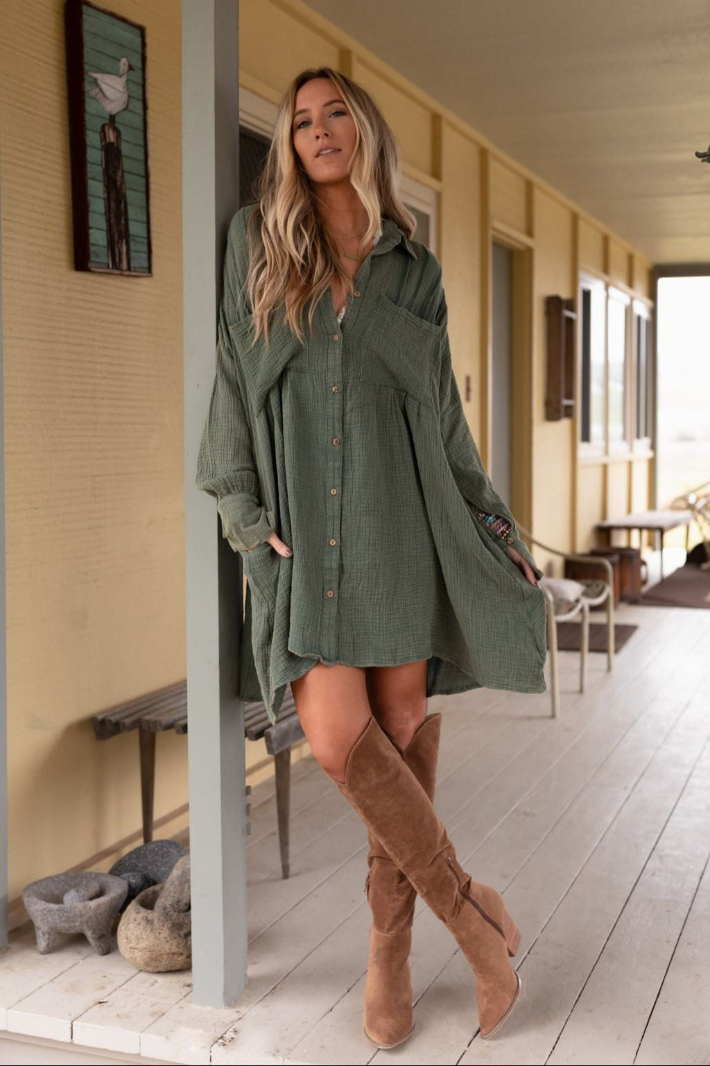 Marci Button Down Tunic Dress - Olive - Pre Order